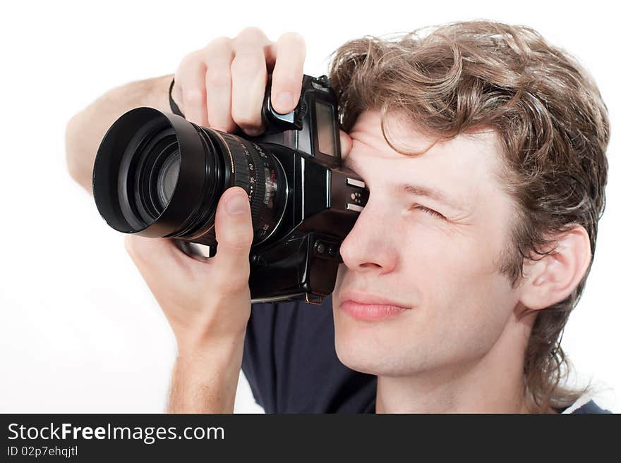 A man with a camera on a white background. A man with a camera on a white background