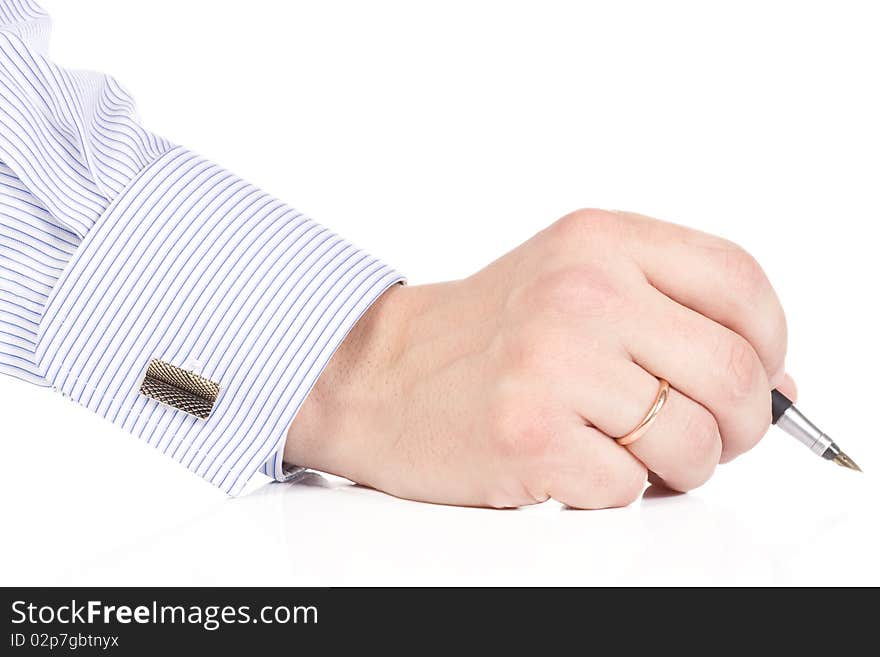 Isolated male hand holding pen