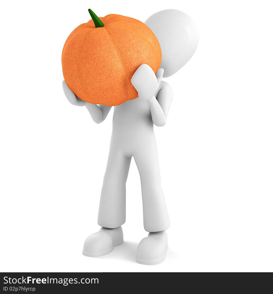 3d man holding a pumpkin, on white background