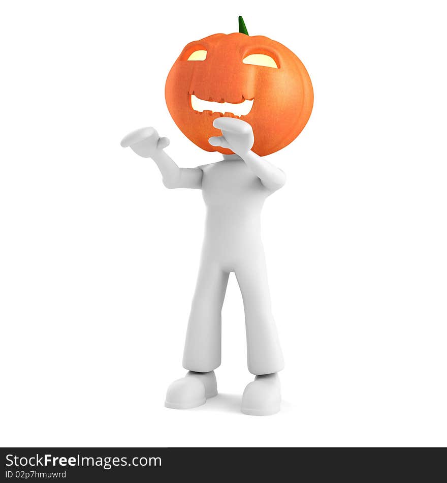 3d man holding a pumpkin, on white background