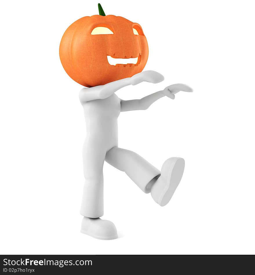 3d man holding a pumpkin on white background