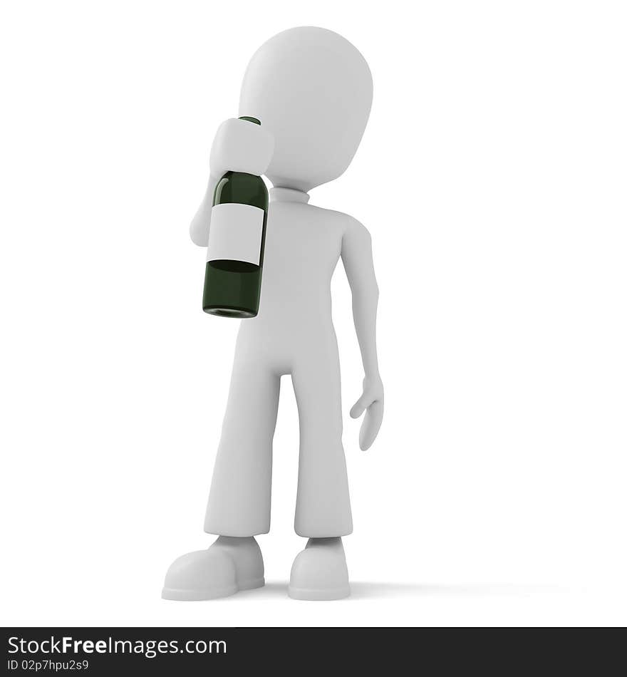 3d Man And Holding A Bottle, Isolated On White