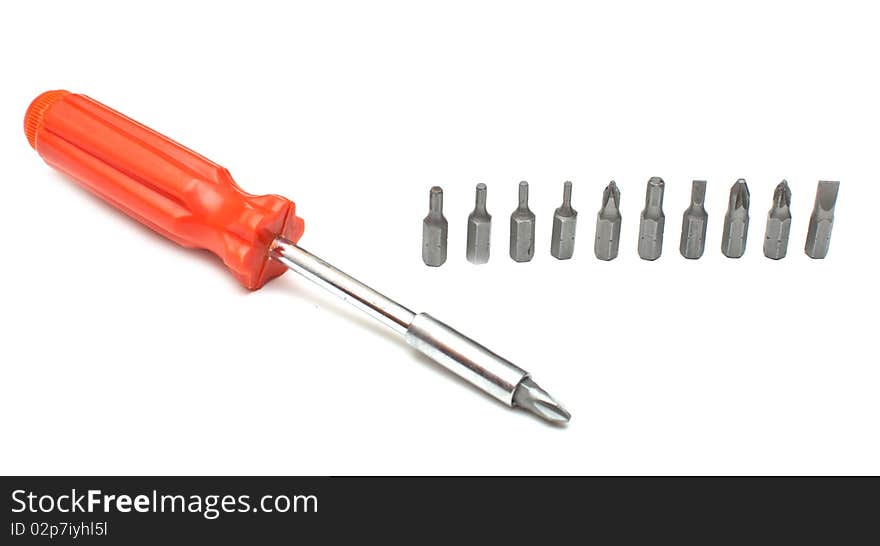 Screwdriver with different nozzles isolated on a white backgroun