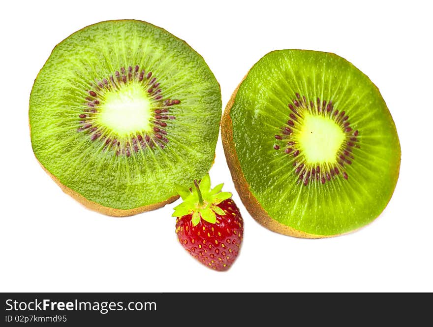 Kiwi and strawberry. It is isolated on white background.