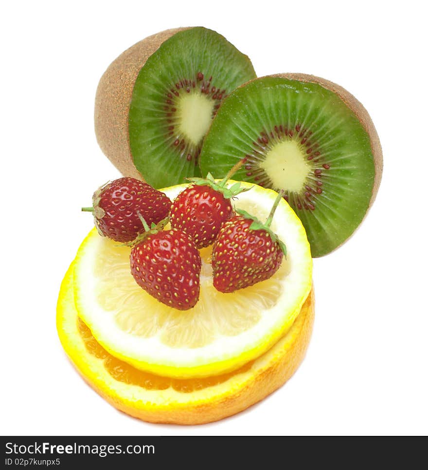 Tropical fruit and strawberry are isolated on white background