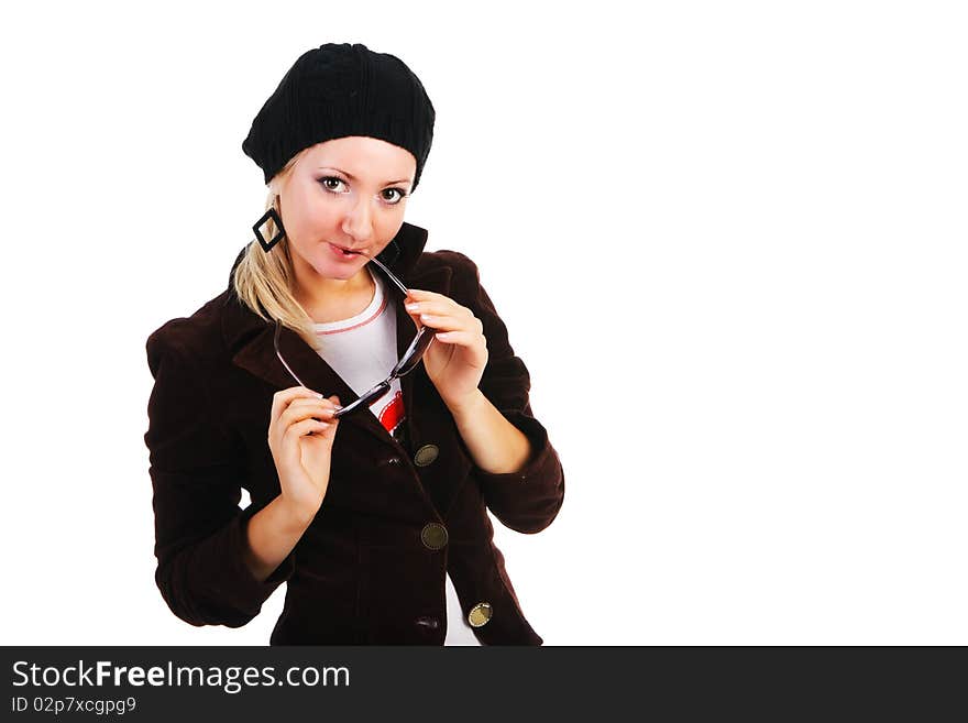 Picture of a beautiful attractive young girl in jacket with glassess. Picture of a beautiful attractive young girl in jacket with glassess