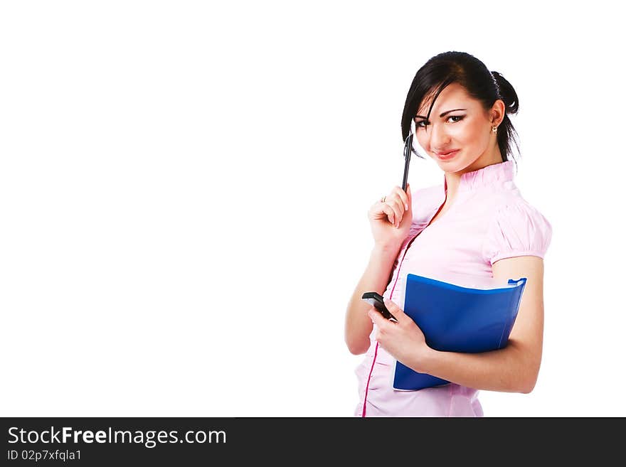 Portrait of a attractive young girl in pink blouse with papers on white background.