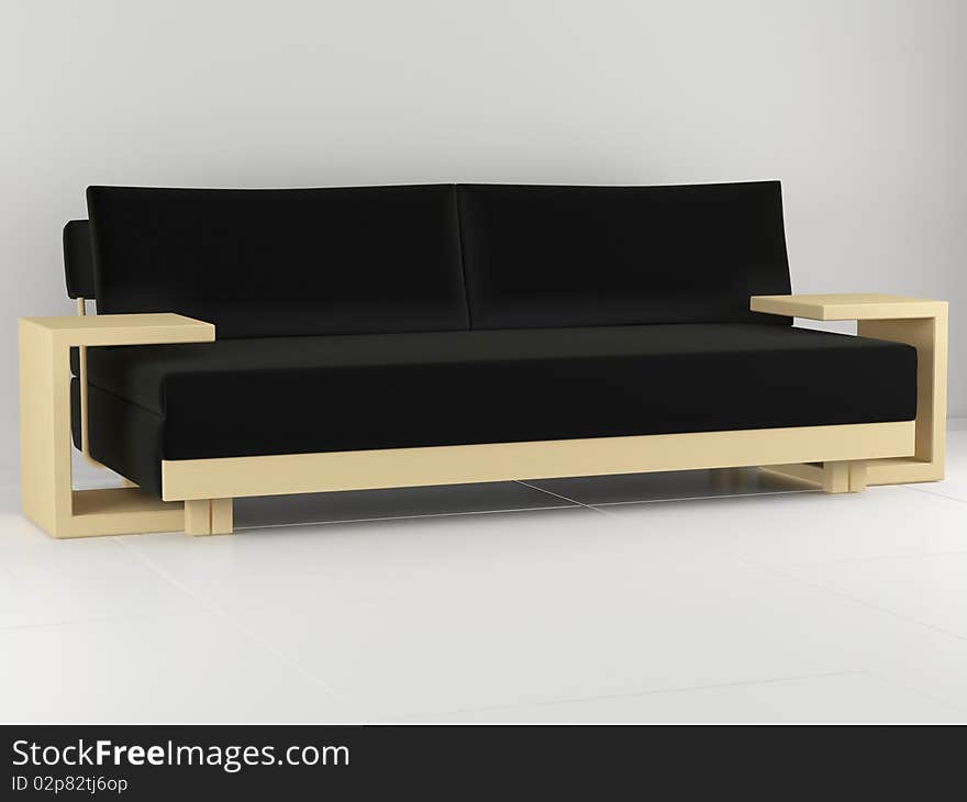 Modern black sofa in the white room, 3D render/illustration