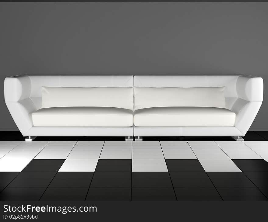 Modern white sofa in the black and white room, 3D illustrations/render