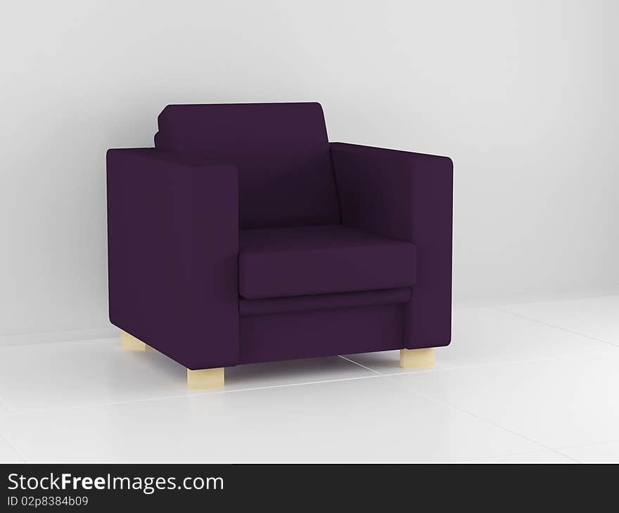 Modern violet sofa in the white room, 3D illustrations