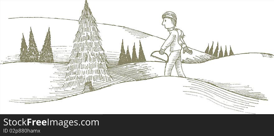 Pen and ink style illustration of a man cutting a Christmas tree. Pen and ink style illustration of a man cutting a Christmas tree.