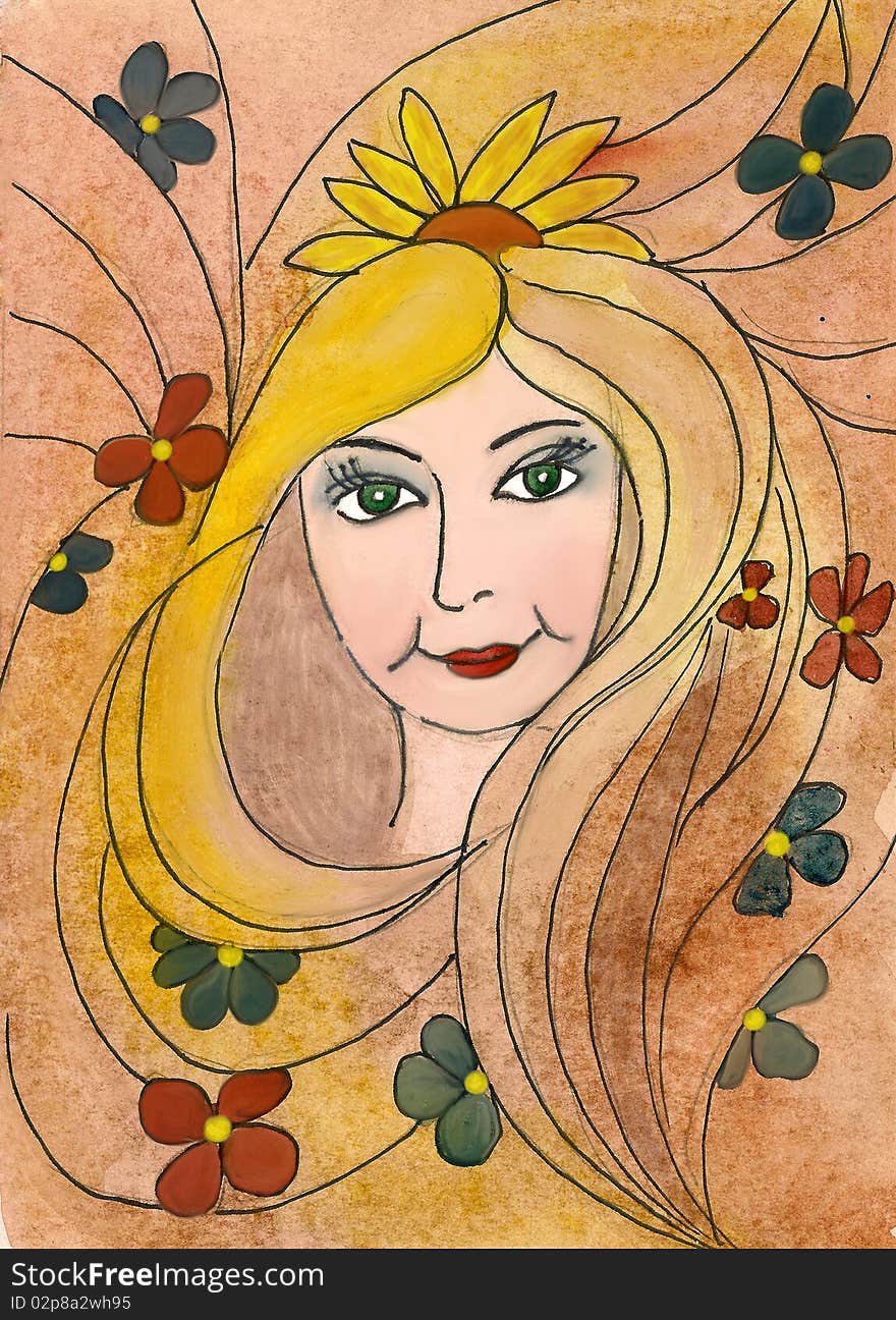 Spring girl painted in watercolor