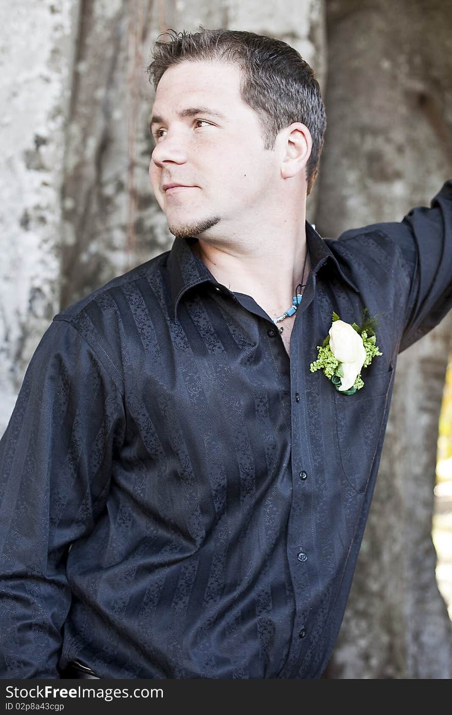 A half portrait of a handsome groom looking away on his wedding day. A half portrait of a handsome groom looking away on his wedding day.