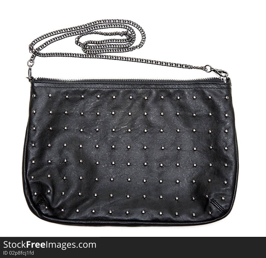 Black leather feminine bag with chain