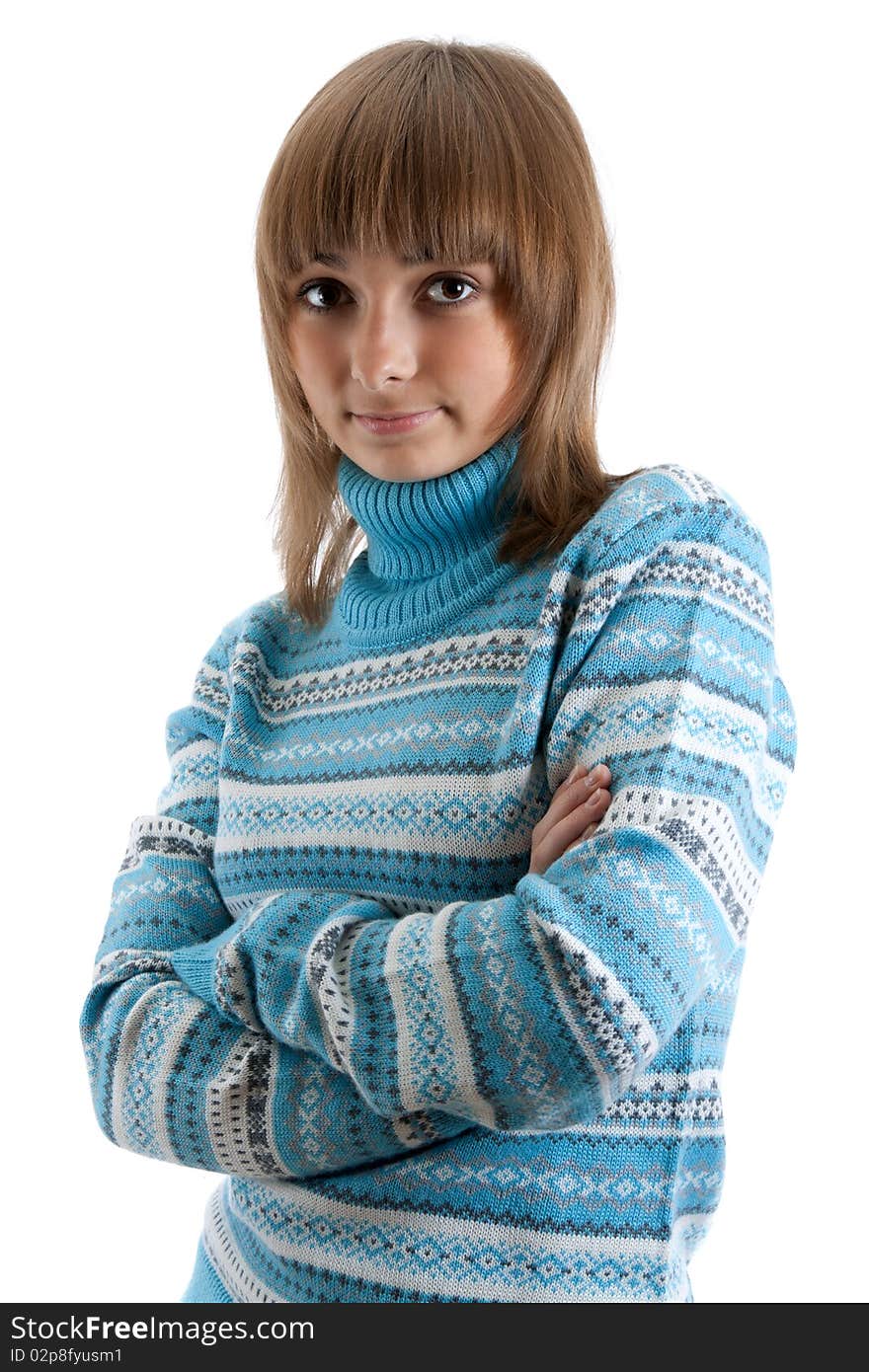 Portrait young beautiful girl in striped sweater