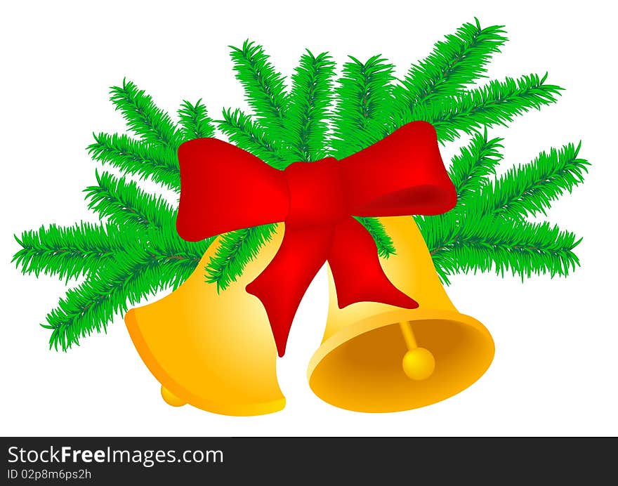 Two Christmas hand bells with a red tape with green fur-tree branches it is isolated on a white background