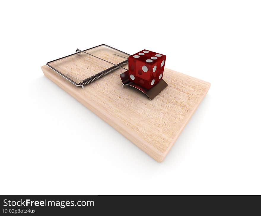 Gambling trap. Mousetrap with the dice isolated on white background. High quality 3d render.