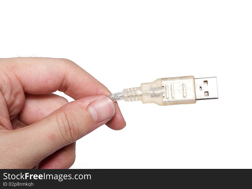 Close up of USB cable in hand isolated on white