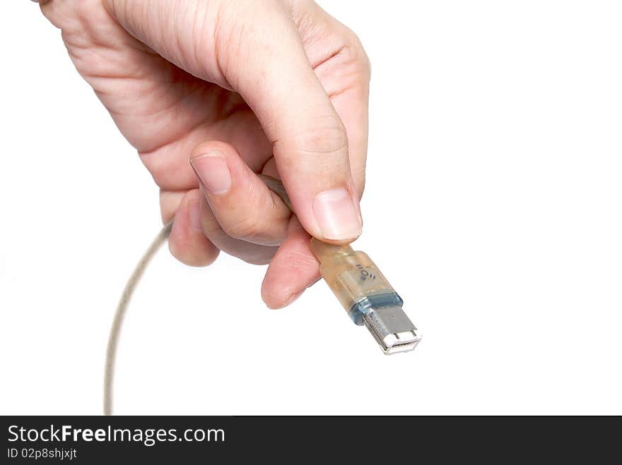 DVI firewire cable in hand on isolated