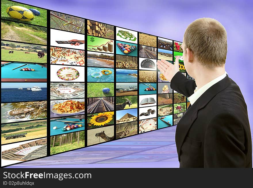 Businessman showing screen full of different images. Advertisement concept. all used images are my property.