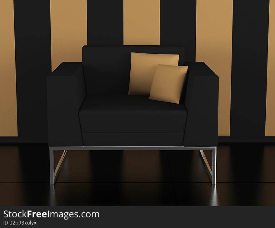 Modern black sofa in the black and brown room, 3D render/illustration