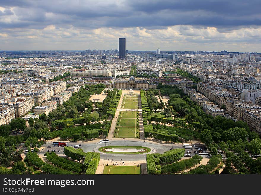 View of Champ de Mars in Paris at summer day from Eiffel Tower