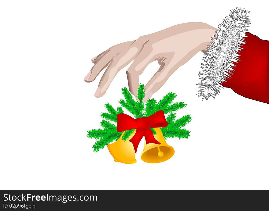 New years Hand of the person two Christmas hand bells with a red tape on green fur-tree branches on isolated white background