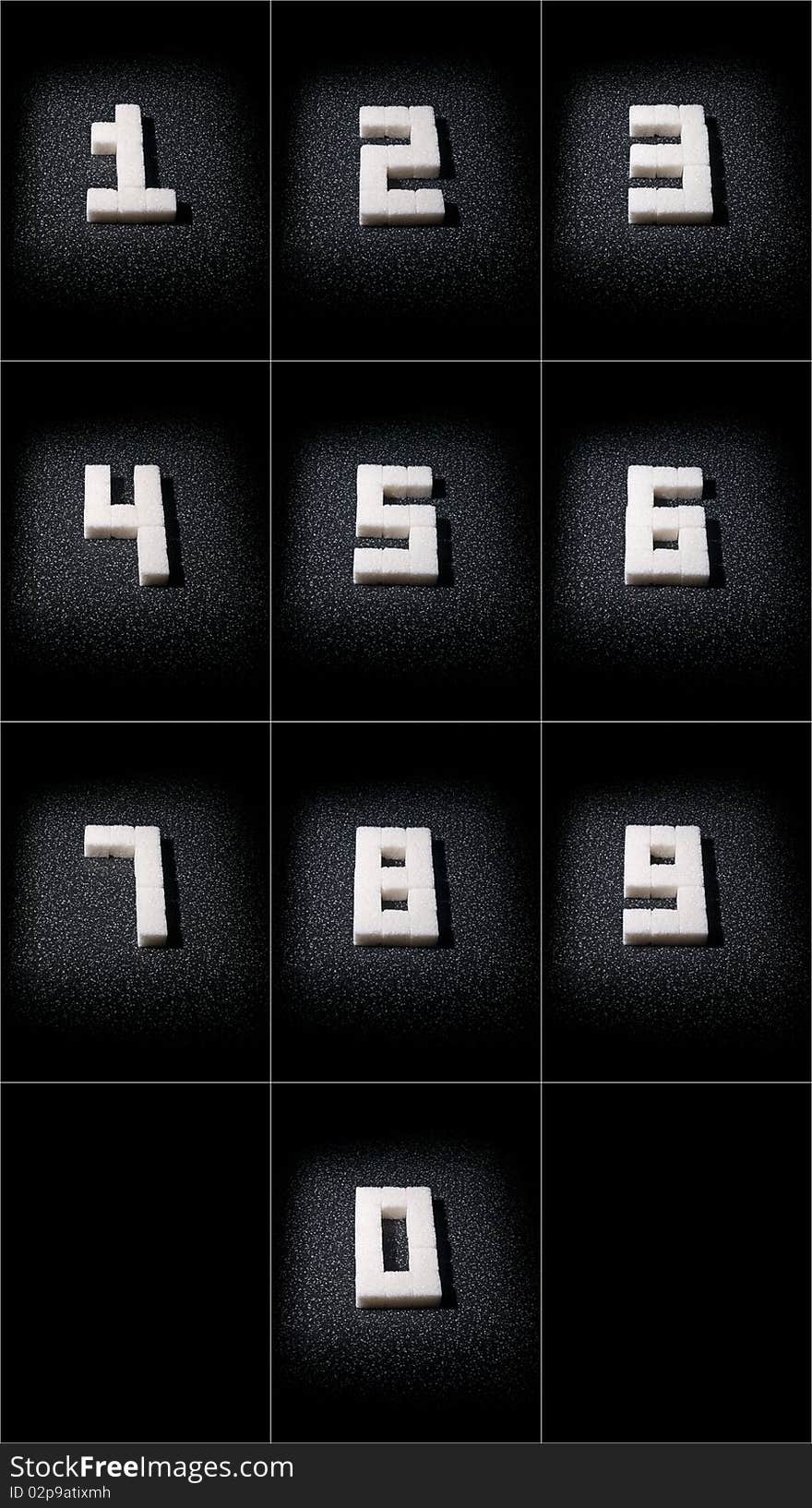 Collage of digits from 1 to 0 which are built from lumps sugar in dark tone. Collage of digits from 1 to 0 which are built from lumps sugar in dark tone