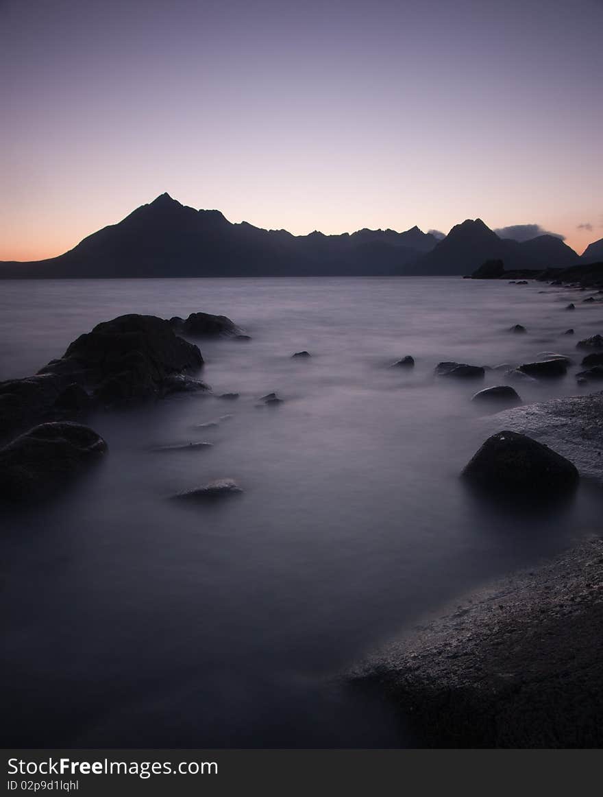 Sunset over the black Cuillin Ridge, Skye