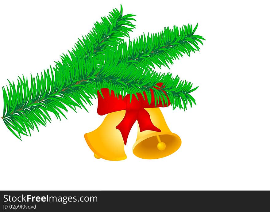 Two Christmas hand bells with a red tape on green fur-tree to a branch it is isolated on a white background