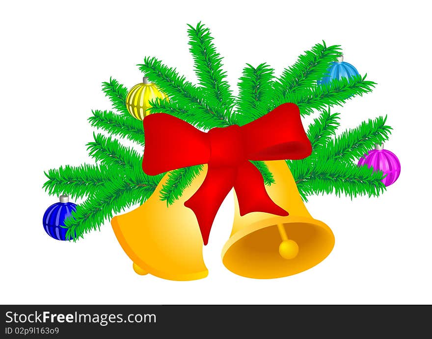 Two Christmas hand bells with spheres with a red tape on green fur-tree to a branch it is isolated on a white background