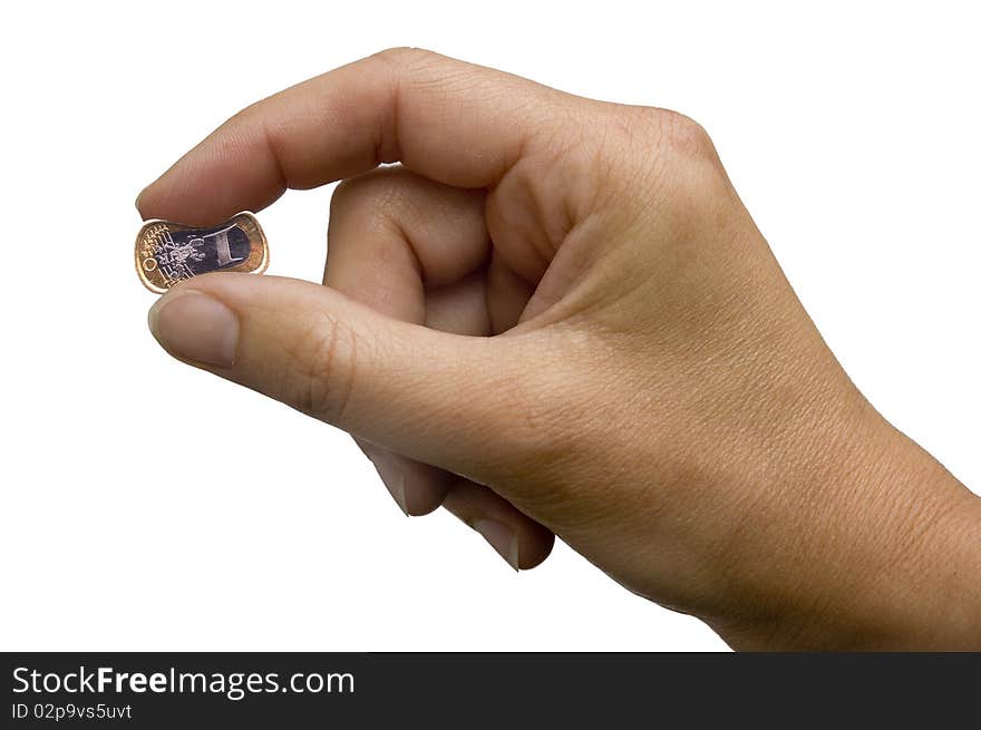 Right hand pinching a Euro on white background.