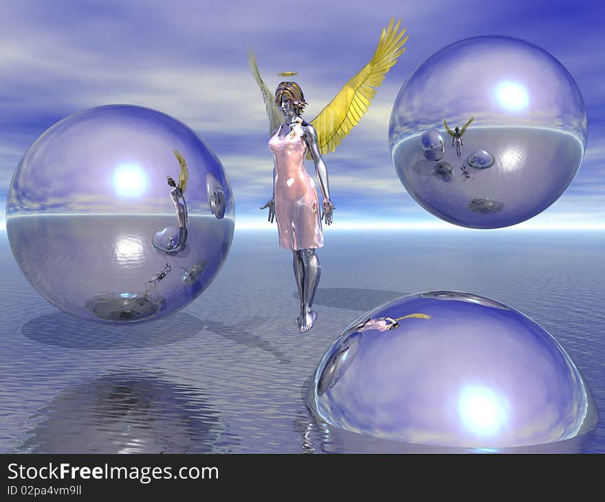 3D rendering of an angel floating above water. 3D rendering of an angel floating above water.