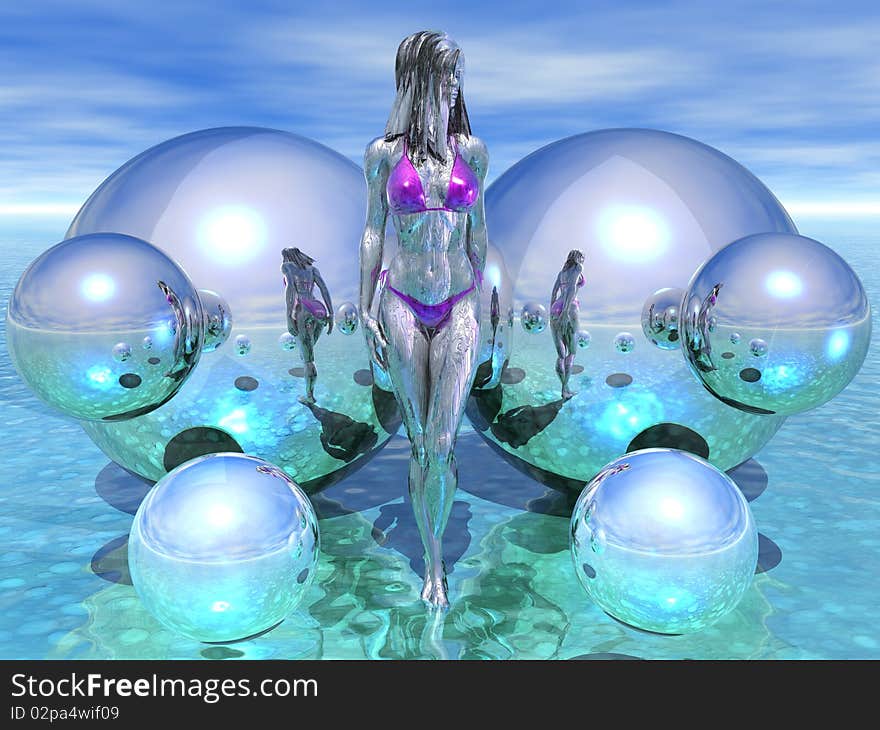 3D render of a liquid metal woman in a pink bikini. 3D render of a liquid metal woman in a pink bikini.