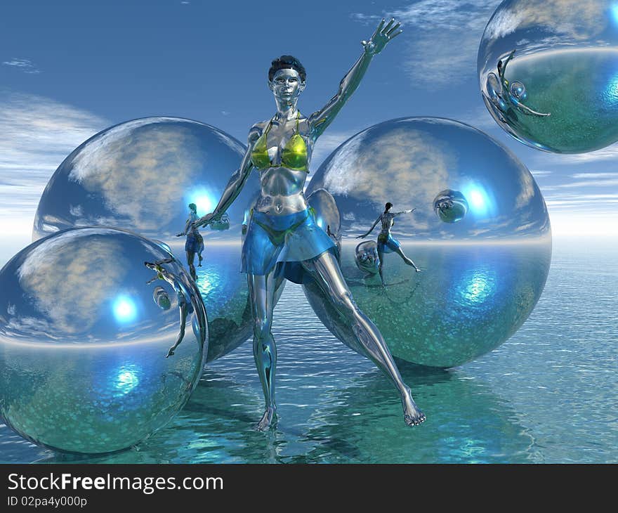 3D render of a beautiful metal woman preparing to do a cartwheel. 3D render of a beautiful metal woman preparing to do a cartwheel.