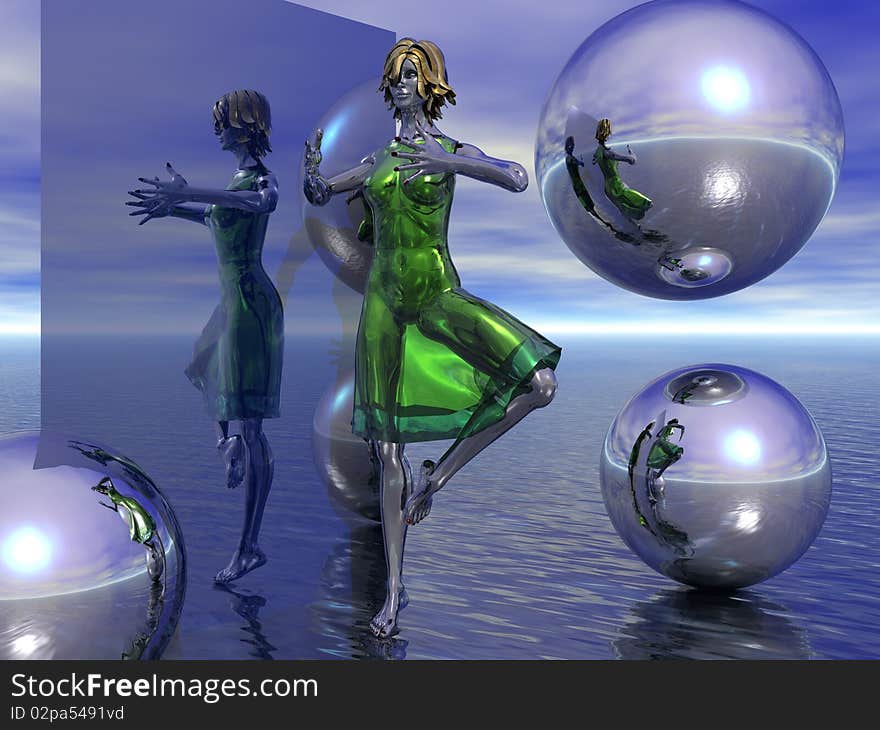 3D render of a beautiful metal woman in a green dress doing a pirouette. 3D render of a beautiful metal woman in a green dress doing a pirouette.