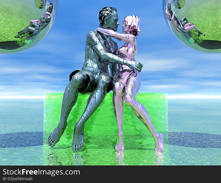 3D render of a metal couple about to kiss. 3D render of a metal couple about to kiss.