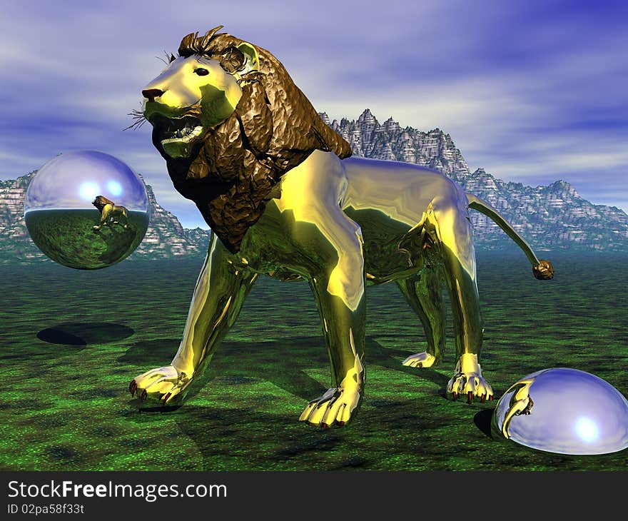 3D render of a gold metal lion. 3D render of a gold metal lion.