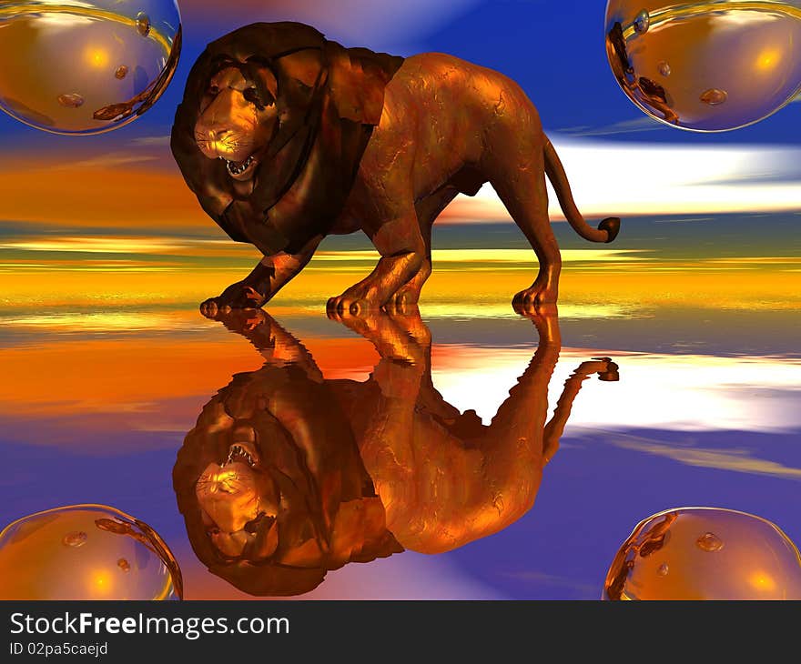 3D render of a bronze lion on a colorful background.