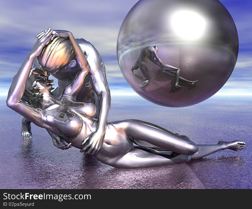 3D abstract render of metal Psyche and Love.