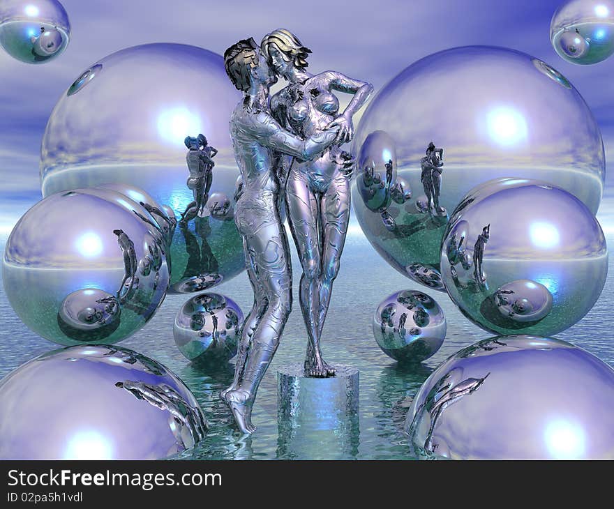 3D abstract render of a metal Pygmalion and Galatea.