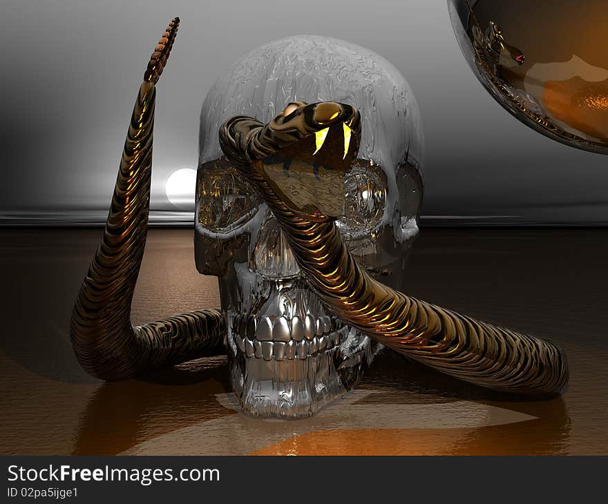 3D render of a metal skull being guarded by a snake. 3D render of a metal skull being guarded by a snake.