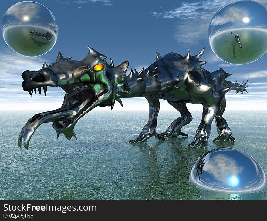 3D render of a metal thorn dragon.