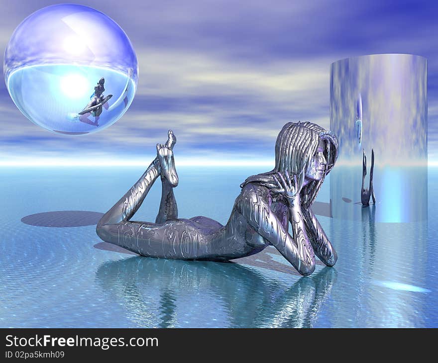 3d render of a beautiful metal woman lying on her stomach relaxing. 3d render of a beautiful metal woman lying on her stomach relaxing.