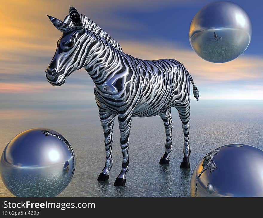 3d render of a metal zebra.