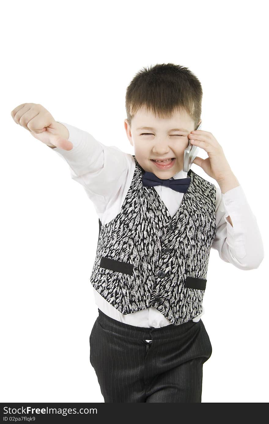 Fun boy with thumbs down on white background. Fun boy with thumbs down on white background