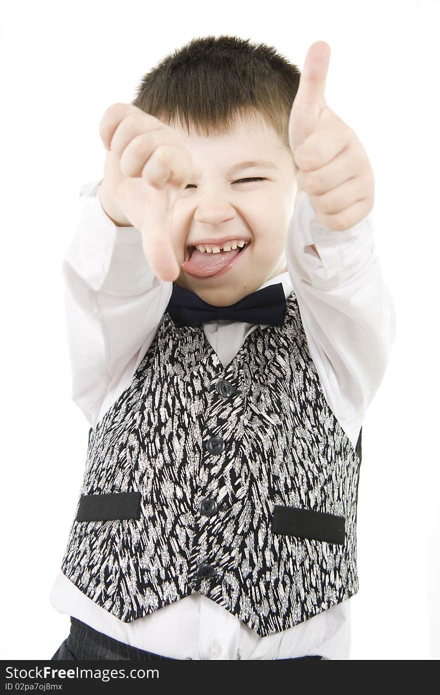 Fun boy with thumbs up and down on white background. Fun boy with thumbs up and down on white background