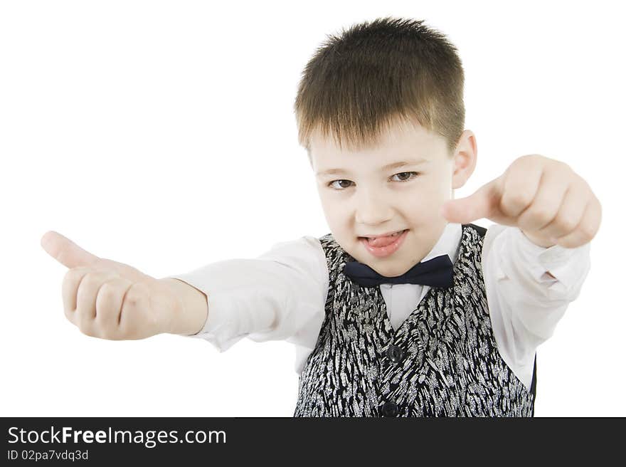 Fun boy with thumbs up and down on white background. Fun boy with thumbs up and down on white background