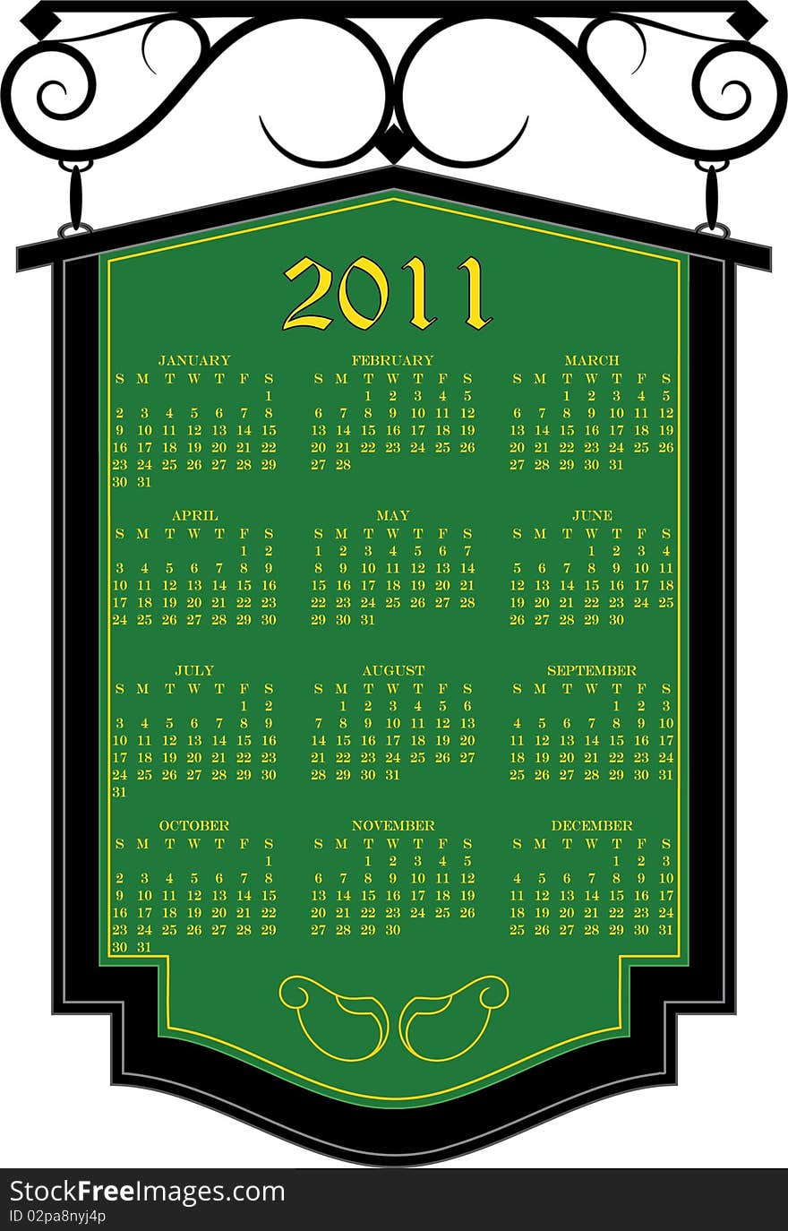 Vector 2011 Calendar on an old fashioned sign, . Vector 2011 Calendar on an old fashioned sign,