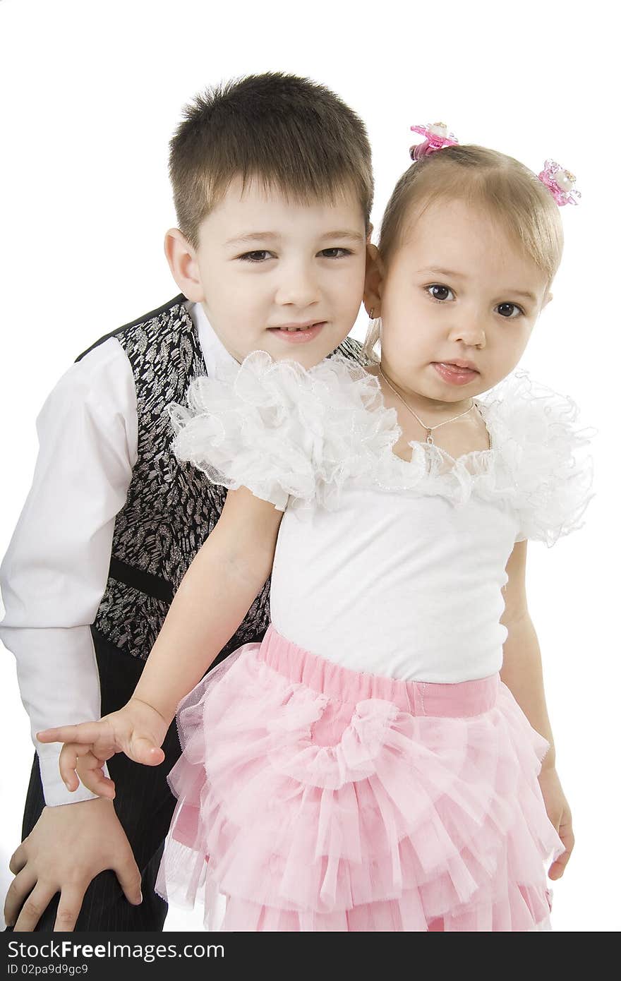 Happy brother the sister on a white background.